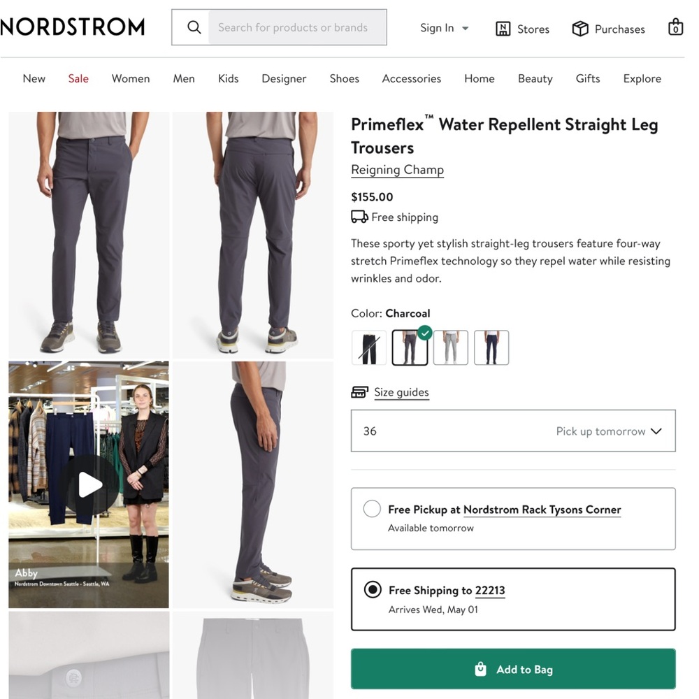 NWOT Reigning Champ Primeflex Water Repellent Straight Leg Trousers Sz 34 - Picture 11 of 12